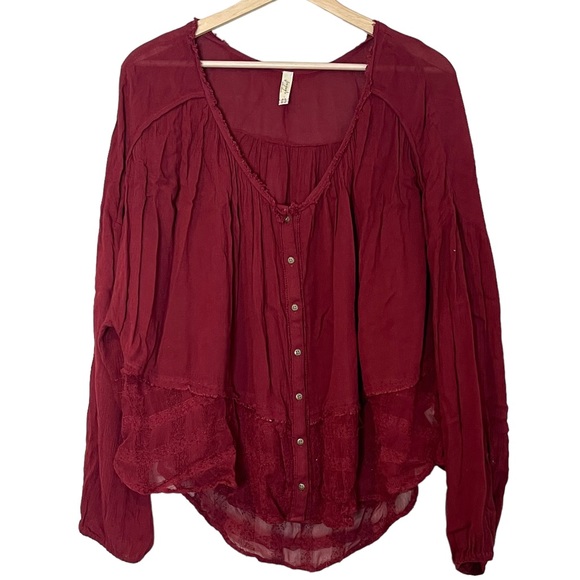 FREE PEOPLE Rainy Days Gauze Lace Oversized Boho Peasant Swing Top Burgundy M - Picture 2 of 13